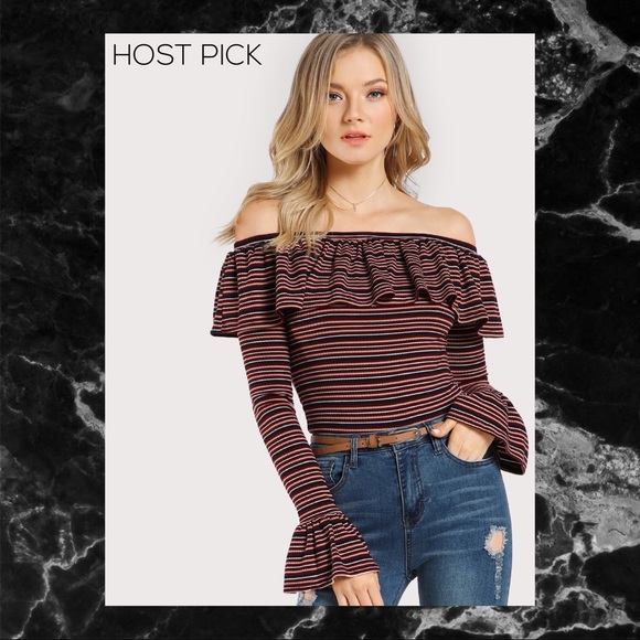 Tops - RIB KNIT STRIPED FRILL OFF SHOULDER TEE SZ L